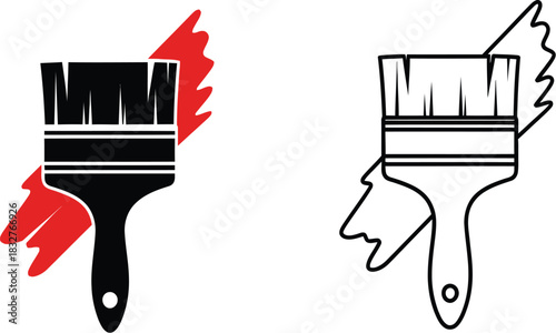 Paintbrush icons with red paint splatter in color and outline styles