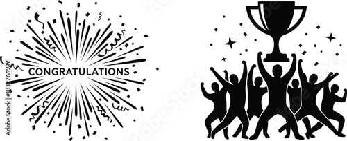 Celebration graphics featuring fireworks and a crowd cheering for a trophy