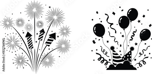 Celebration icons featuring fireworks balloons confetti and party hats in vector format