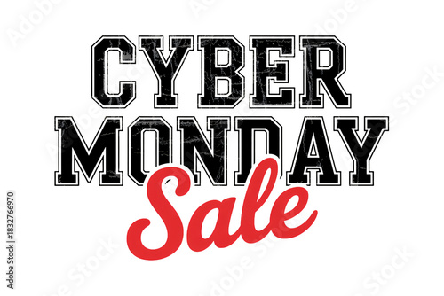 Cyber Monday Sale Promotion with Distressed Typography and Bold Red Script Font, Perfect for Holiday Marketing Campaigns and Special Offers Announcement