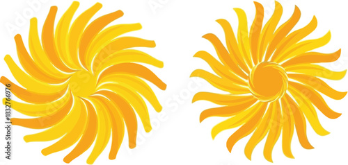 Two abstract yellow floral spirals on white background for graphic design