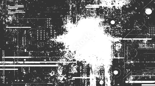 Black and white grunge texture with abstract technical elements and distressed patterns vector