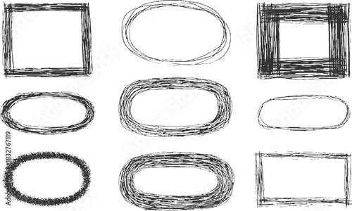 Collection of hand drawn sketchy square and oval frames with textured borders on white background vector