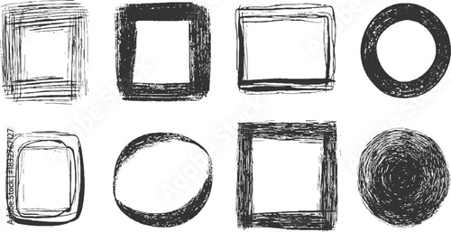 Collection of eight hand drawn black ink frames and borders on white background vector