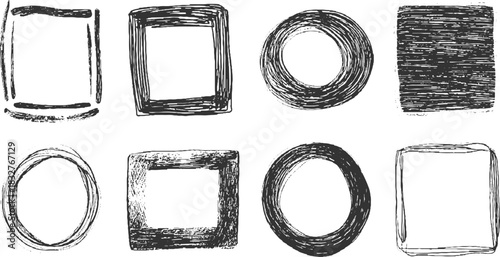 Set of eight hand drawn sketchy black frames and circles on white background square drawing