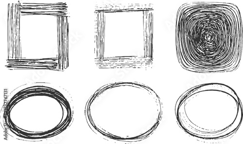 Six hand drawn black ink frames and borders square and oval shapes circle