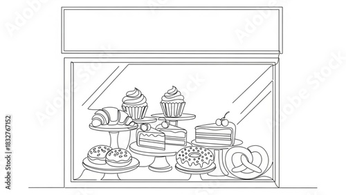 A charming single line drawing depicts a bakery display window filled with an assortment of delicious pastries and cakes inviting customers to indulge