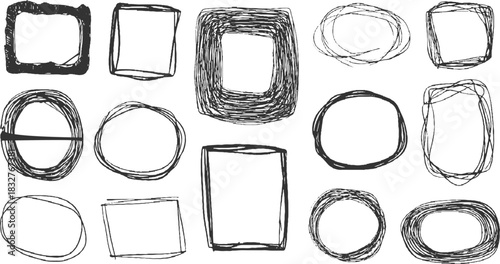Collection of hand drawn sketchy black frames and circles on white background vector