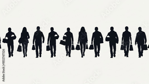 A diverse group of silhouetted men and women walk together carrying shopping bags and purchases against a plain background