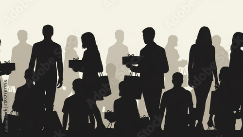 A diverse crowd of silhouetted people holding gift boxes and shopping bags suggesting a festive or commercial event