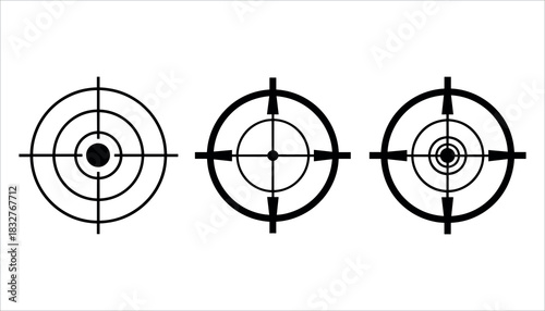 Three black crosshair reticles on a white background target focus
