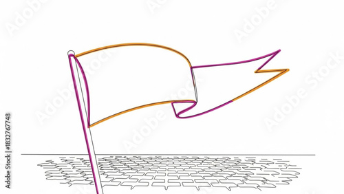 A minimalist line drawing of a flag with a split tail outlined in purple and orange waving against a white background above a textured ground