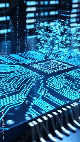Close up of a circuit board with glowing blue lines technology background concept data flow