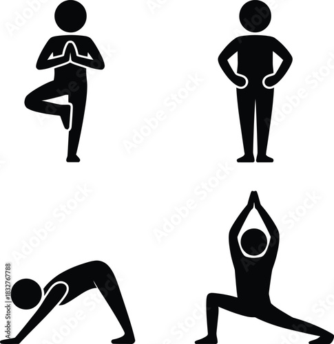 Four stylized figures in various yoga poses on a white background