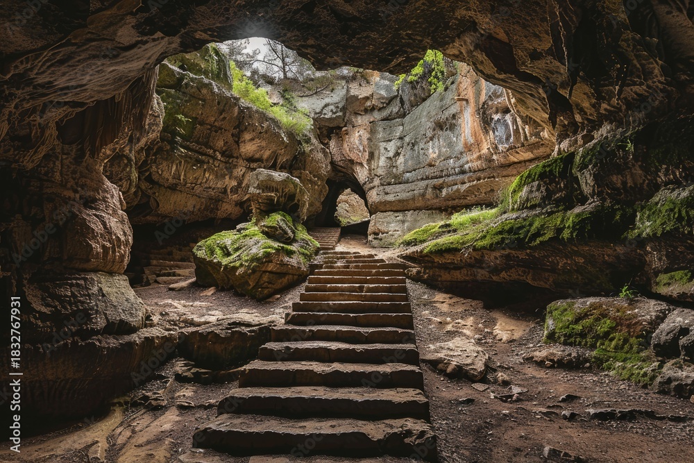 Obraz premium Moss covered rocks and a stone staircase ascending towards a naturally lit cave entrance, creating a mystical atmosphere