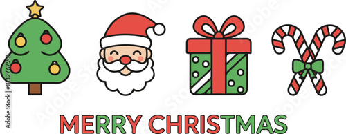 A charming horizontal set of four classic cartoon Christmas icons – a decorated tree, Santa's face, a gift, and candy canes – with "MERRY CHRISTMAS" text below.
