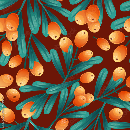 Seamless pattern with sea buckthorn twigs and berries on a brown background. The concept of autumn, tea drinking. Vector illustration for the design of postcards, clothing, textiles, banners, posters.