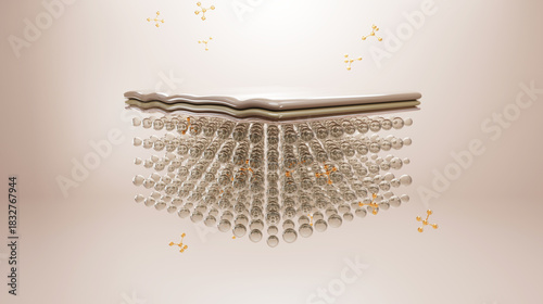 Abstract dermatology illustration showing lipid layer protecting skin barrier with hydration and cosmetic science concept. Skincare technology representing barrier repair, moisture protection and skin