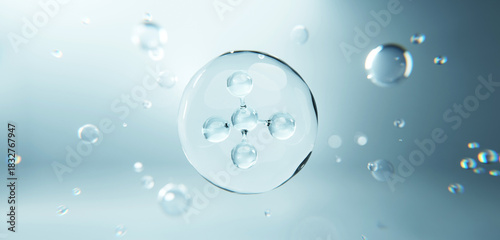 Clean skincare concept of transparent serum molecule floating in liquid. Visualization of hydration, active ingredients delivery, skin balance and advanced cosmetic science technology.