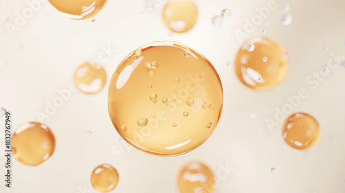 Luxury golden serum bubbles floating in clean liquid background. Concept of active ingredients, deep hydration, skin nourishment and advanced cosmetic science technology for premium skincare products.