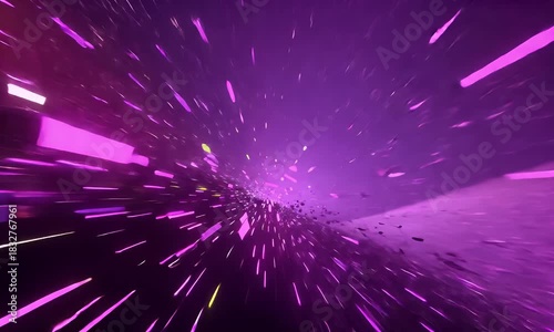 Abstract digital art depicting a vibrant purple and pink light streaks and particles moving rapidly through a dark cosmic void creating a sense of speed and motion