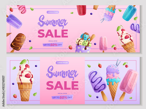 Horizontal advertising banner with various types of ice cream in close-up. The concept of summer, summer sale. Vector illustration for posters, banners, advertisements, flyers