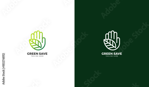 Green leaf care logo, leaf and hand icon. Green save symbol, environmental care. Vector illustration template design