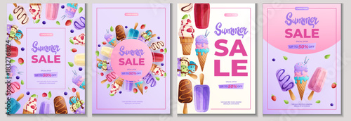 A set of design templates for a summer discount flyer with various types of ice cream. The concept of summer, summer sale. Vector illustration in A4 format for poster, banner, promotion, advertisement
