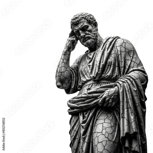 Ancient, weathered stone statue of pensive male figure, hand on temple, classical drapes, isolated on black in dramatic light, concept of ancient wisdom and introspection