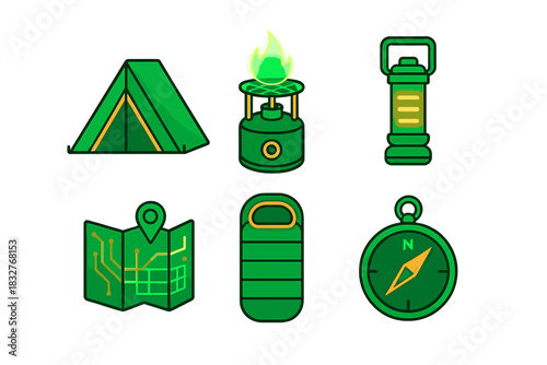 Outdoor camping gear icons featuring a tent, lantern, stove, sleeping bag, map, and compass for adventure planning