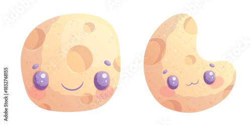 A cute moon and crescent moon on white background. The concept of autumn, Halloween. Children's vector design illustration for making postcards, postcards for printing, textiles