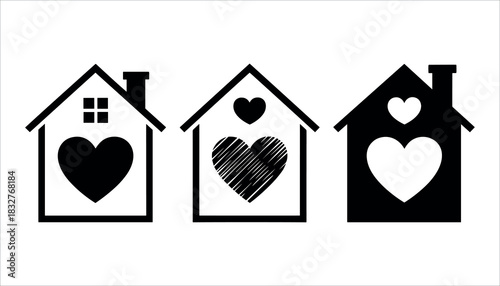 Three black house icons with hearts inside on white background home love