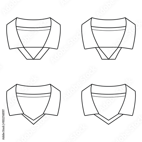 A collection of four distinct outlined illustrations showcasing various classic and modern shirt collar styles, perfect as design templates for fashion apparel and garment construction
