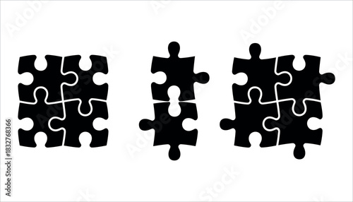 Three black puzzle piece arrangements on white background jigsaw pieces