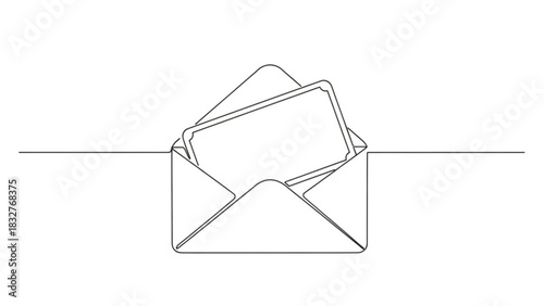 Minimalist single line drawing of an open envelope with a blank card peeking out symbolizing communication and correspondence
