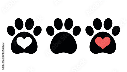 Three black paw prints with hearts inside one white and one coral on white background animal love