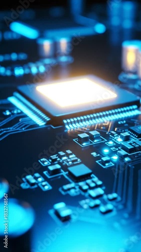 Close up of a digital circuit board with a glowing central processor component in blue