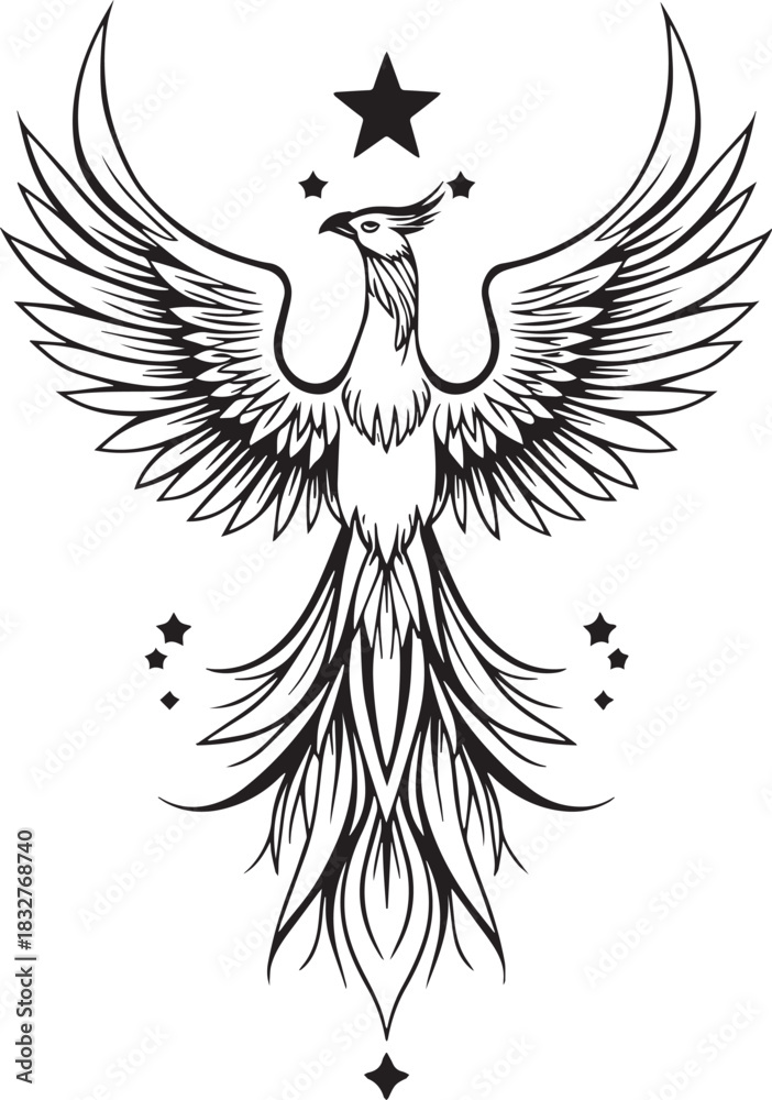 Obraz premium Phoenix in Flight: A majestic phoenix, depicted in intricate detail, soars against a starry backdrop, its wings outstretched in a symbol of renewal and strength.