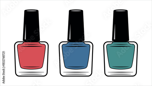 Three bottles of nail polish in coral blue and teal colors with black caps cosmetic beauty