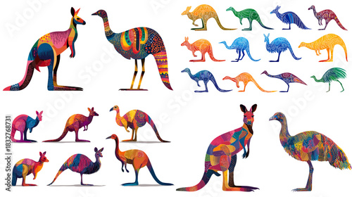 A colorful collection of kangaroos and emus illustrated with bold artistic patterns, showcasing vibrant Australian wildlife in creative decorative forms.