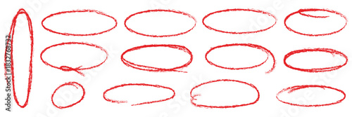 Hand drawn red crayon ovals and circles. Ellipses pencil doodle style set. Red round rough thin frames. Round freehand shapes, emphasis highlights. Vector elements for hand drawn diagrams Grunge round