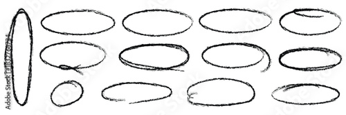 Hand drawn red crayon ovals and circles. Ellipses pencil doodle style set. Red round rough thin frames. Round freehand shapes, emphasis highlights. Vector elements for hand drawn diagrams Grunge round