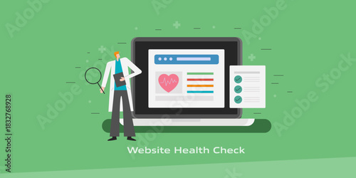 SEO expert with magnifier wearing apron like medical physician diagnosing website health check and maintain checklist.