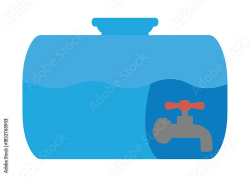 A blue water tank with a tap is partially filled with water.