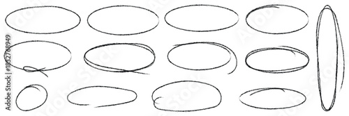 Handdrawn doodle grunge circle highlights. Charcoal pen round ovals. Marker scratch scribble inrounder. Round scrawl frames. Vector illustration of freehand painted circular note. black highlight circ