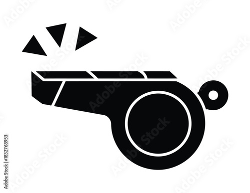 A black silhouette of a whistle blowing with sound waves emanating from it.