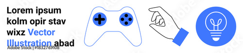 Technology, gaming, creativity, idea generation, interactive design, inspiration. Gaming controller, hand gesture and lightbulb icon. Gaming and creativity concepts