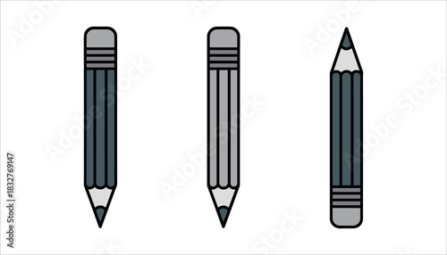 Three graphite pencils with grey barrels and black outlines on white background writing drawing