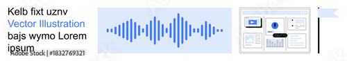 Sound systems, data interfaces, communication tools, digital analytics, information design, tech interfaces. Audio waveform next to a data-oriented user interface. Sound systems and digital analytics