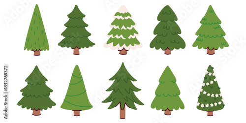Collection of various evergreen spruce and pine trees. Green firs of different shapes isolated on white background ready for New Year design and holiday projects.